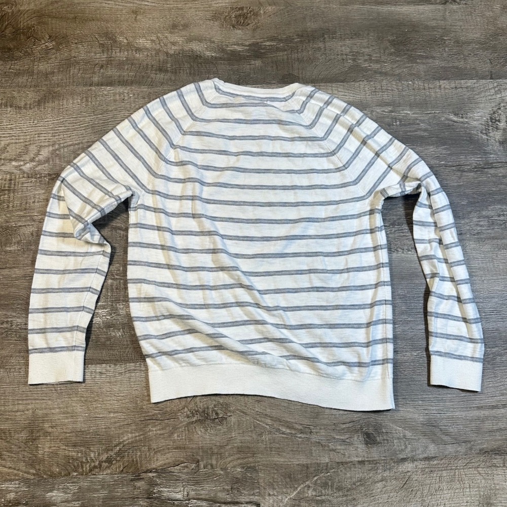 Banana Republic Mens White Grey Striped Cotton Slub Crewneck Sweater Large L - Picture 2 of 7